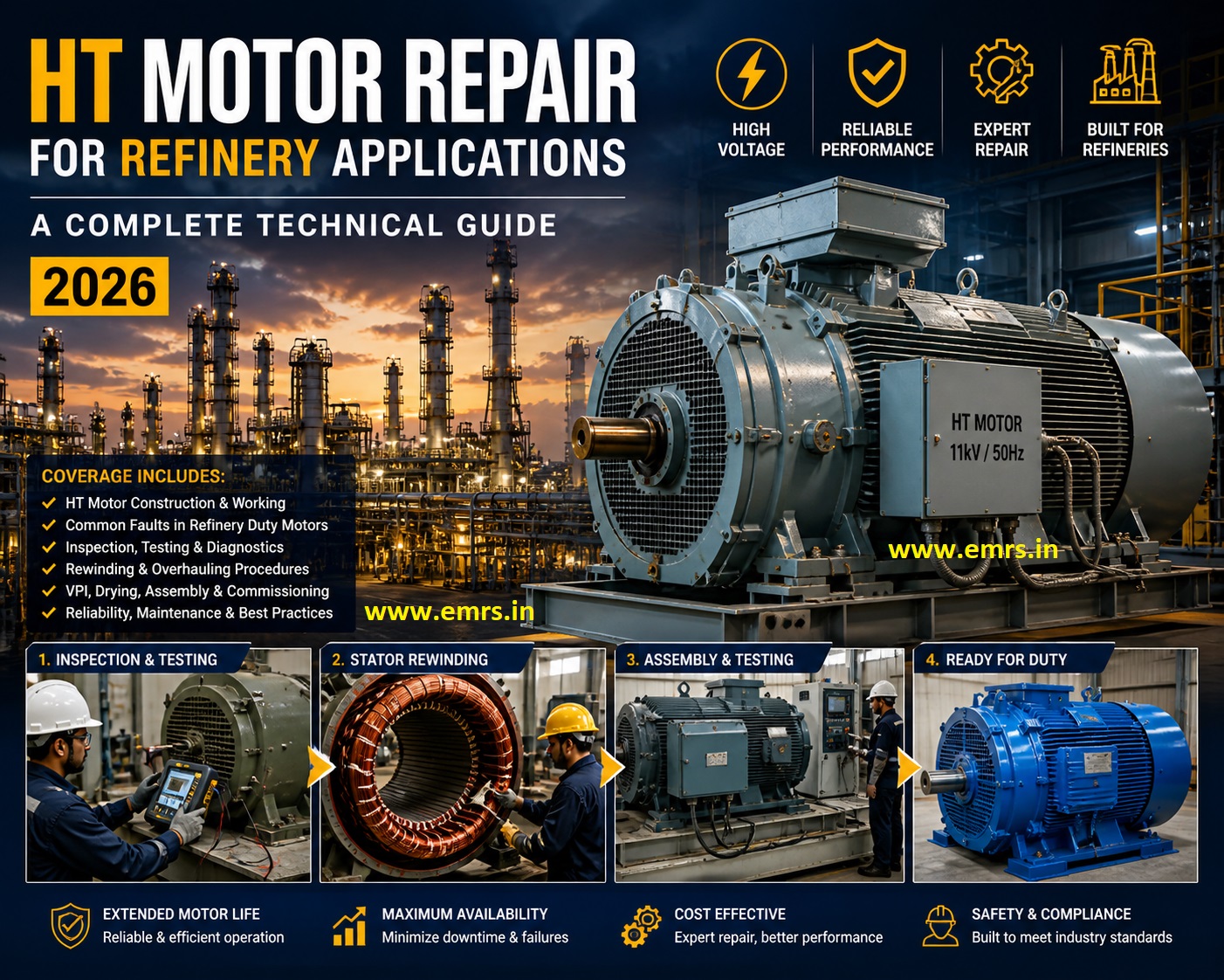 HT motor repair for refinery applications.